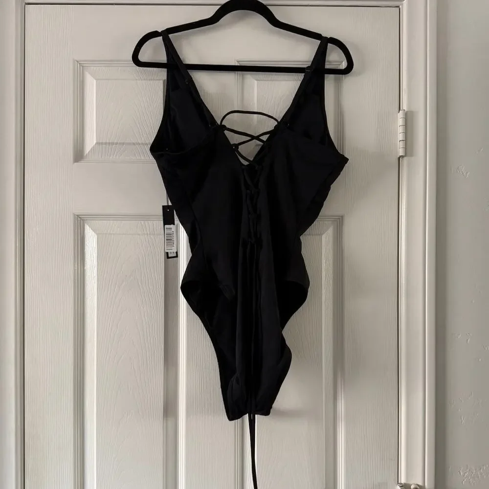 ta3 hi cut plungey one piece swim in black, women size x-large regular / tall